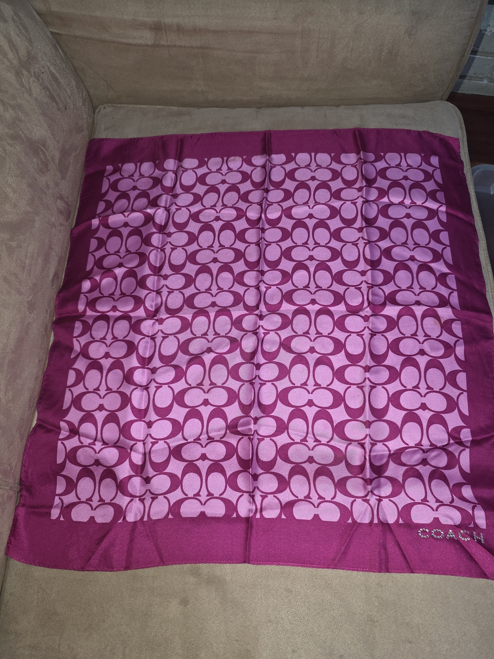 Coach Pink Signature Silk Scarf - Magenta & Light Pink With Crystal Coach Logo